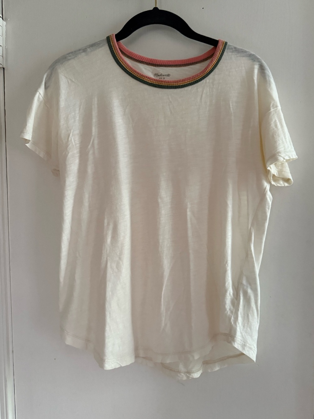 Madewell Cream Cotton Short Sleeve Ringer Tee with Pink & Green Neck Trim Size S